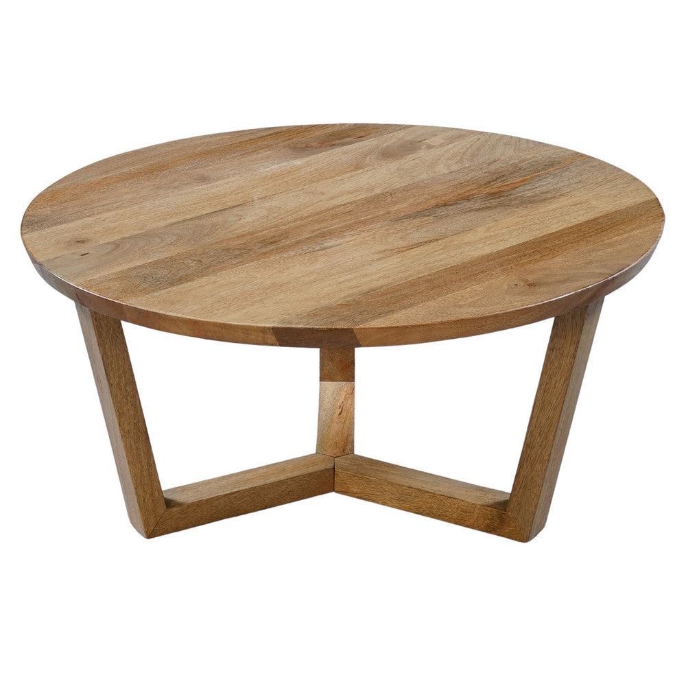 Nina 30 inch Round Mango Wood Coffee Table - Handcrafted Natural Brown, Sturdy 3-Leg Sled Base By The Urban Port