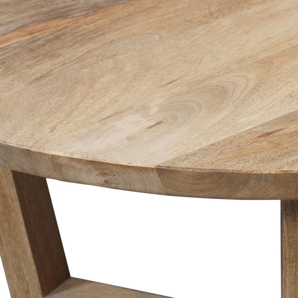 Nina 30 inch Round Mango Wood Coffee Table - Handcrafted Natural Brown, Sturdy 3-Leg Sled Base By The Urban Port