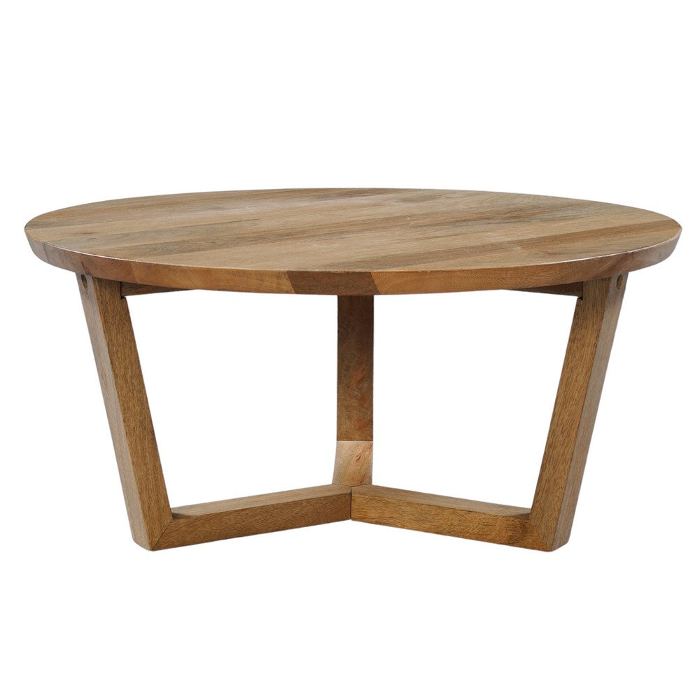 Nina 30 inch Round Mango Wood Coffee Table - Handcrafted Natural Brown, Sturdy 3-Leg Sled Base By The Urban Port