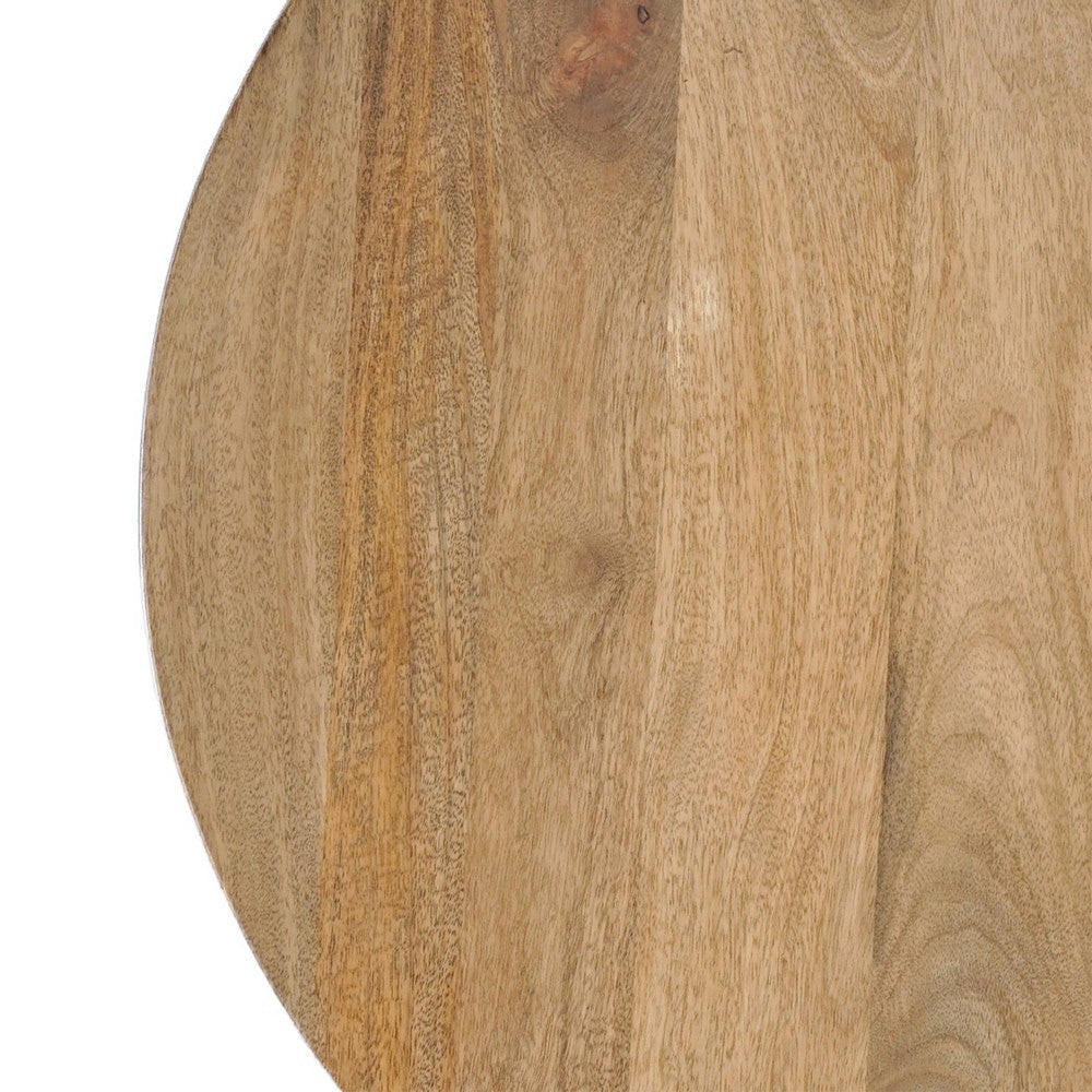 Nina 30 inch Round Mango Wood Coffee Table - Handcrafted Natural Brown, Sturdy 3-Leg Sled Base By The Urban Port
