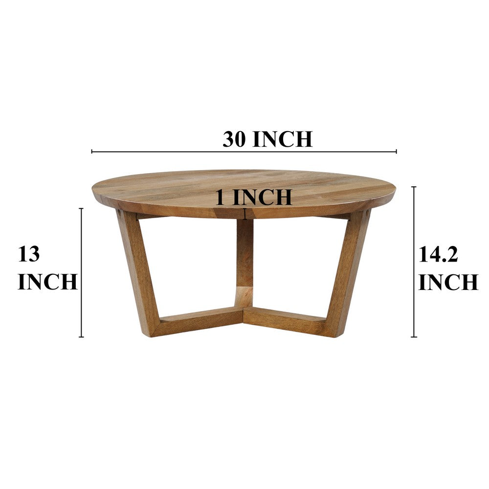 Nina 30 inch Round Mango Wood Coffee Table - Handcrafted Natural Brown, Sturdy 3-Leg Sled Base By The Urban Port