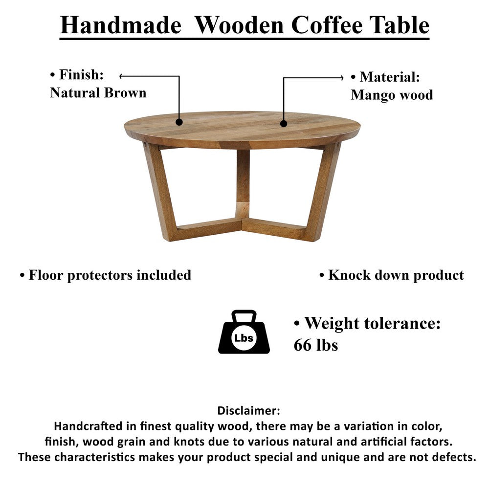 Nina 30 inch Round Mango Wood Coffee Table - Handcrafted Natural Brown, Sturdy 3-Leg Sled Base By The Urban Port