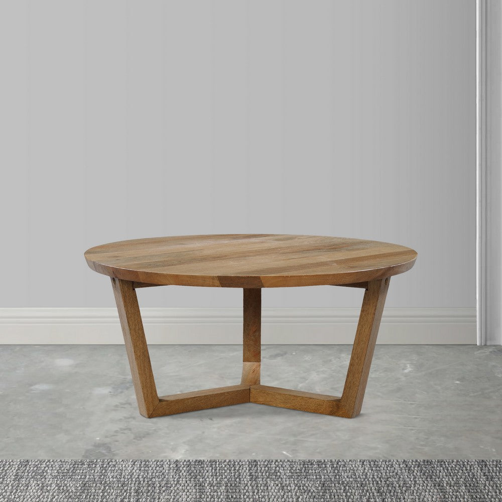 Nina 30 inch Round Mango Wood Coffee Table - Handcrafted Natural Brown, Sturdy 3-Leg Sled Base By The Urban Port