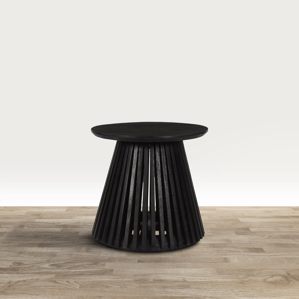 Ridge 20 Inch Handcrafted Mango Wood Round End Side Table Slatted Flared Base Black By The Urban Port UPT-276559