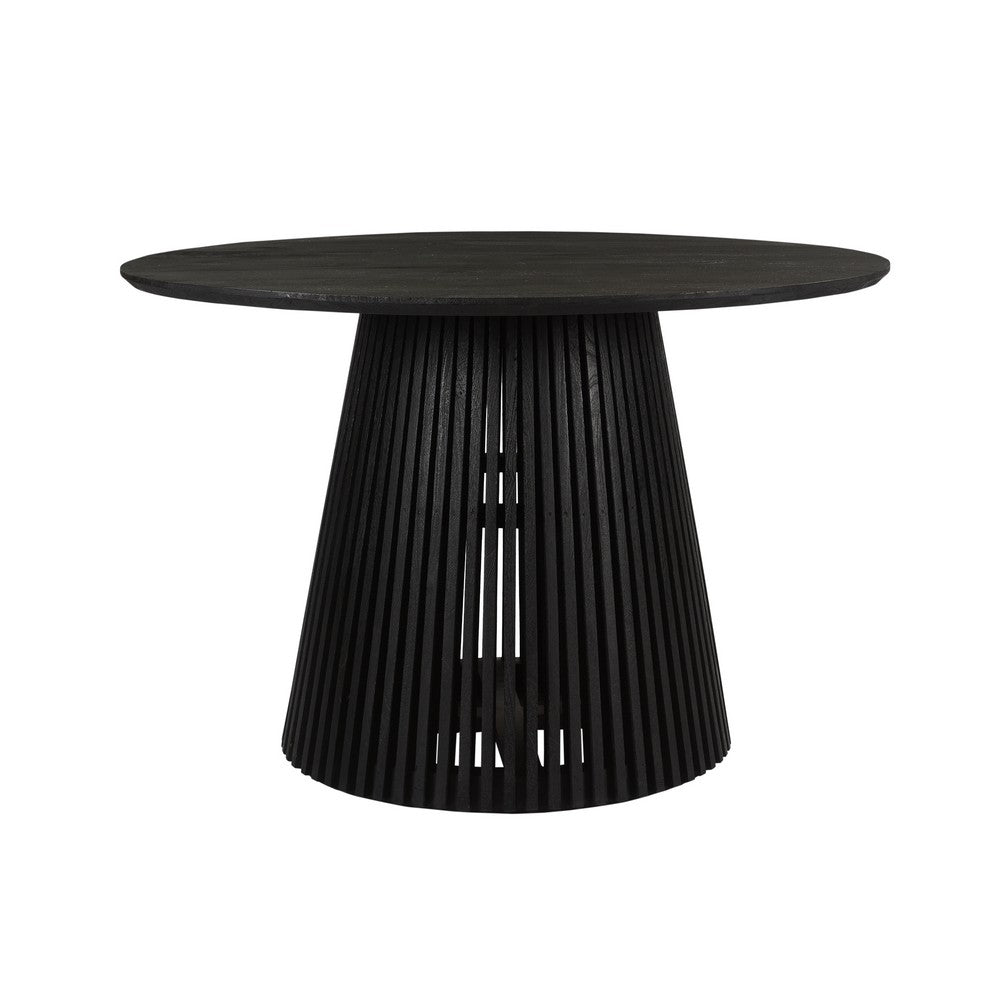 Ridge 47 Inch Handcrafted Mango Wood Round Dining Table, Slatted Flared Base, Black By The Urban Port