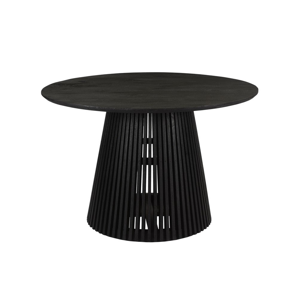 Ridge 47 Inch Handcrafted Mango Wood Round Dining Table, Slatted Flared Base, Black By The Urban Port