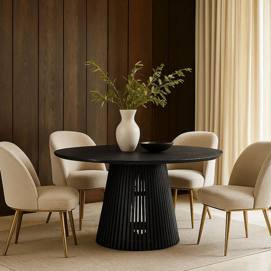 Ridge 47 Inch Handcrafted Mango Wood Round Dining Table, Slatted Flared Base, Black By The Urban Port