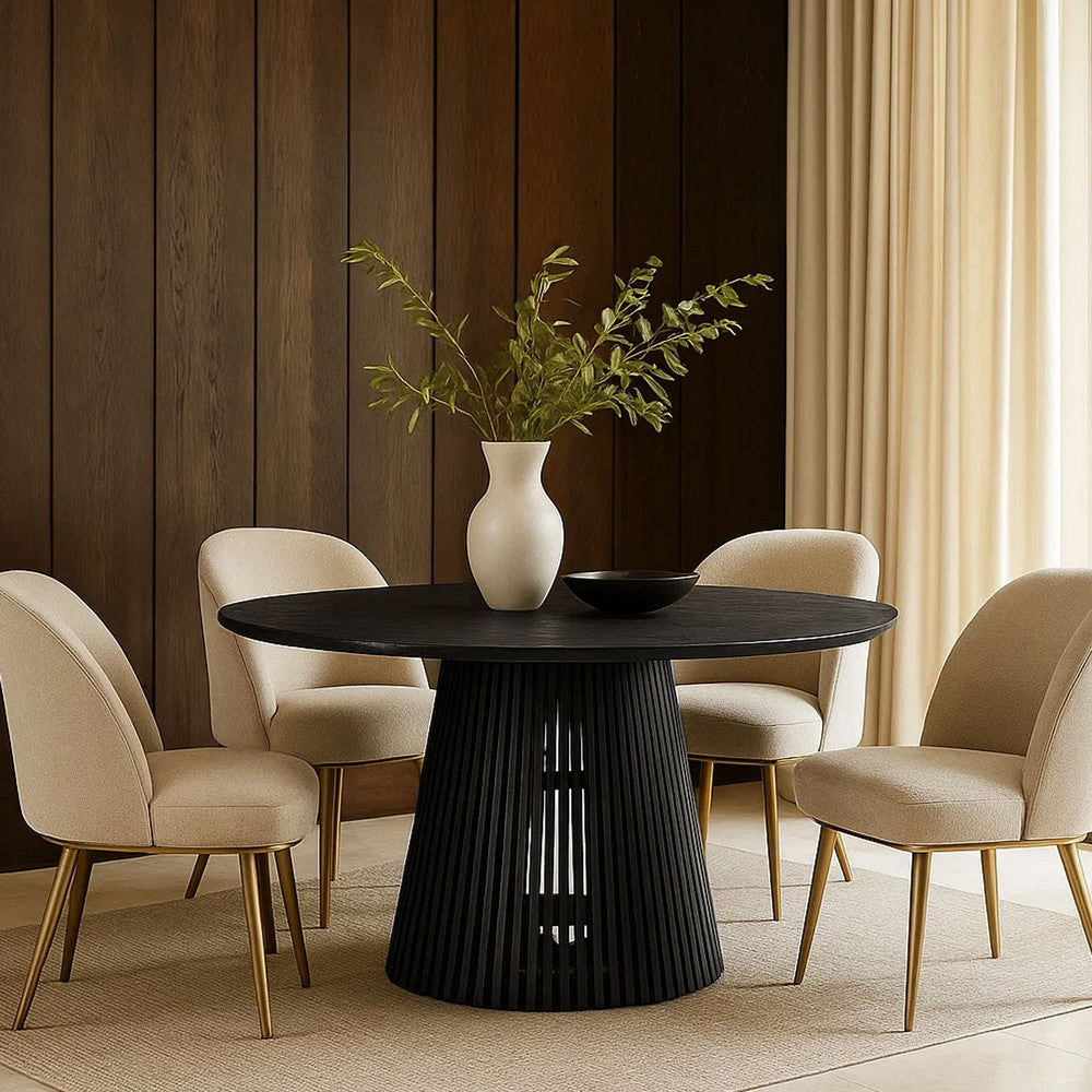 Ridge 47 Inch Handcrafted Mango Wood Round Dining Table, Slatted Flared Base, Black By The Urban Port