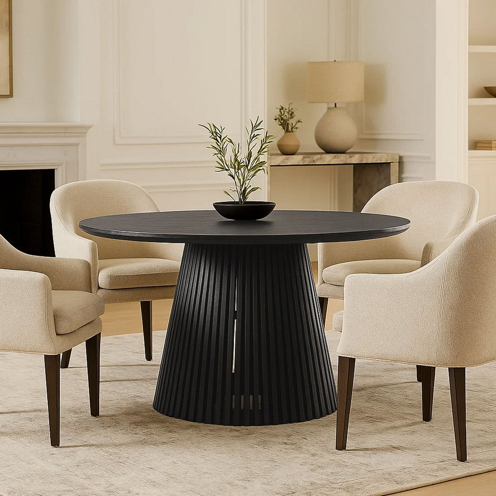 Ridge 47 Inch Handcrafted Mango Wood Round Dining Table, Slatted Flared Base, Black By The Urban Port