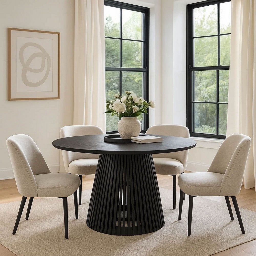 Ridge 47 Inch Handcrafted Mango Wood Round Dining Table, Slatted Flared Base, Black By The Urban Port