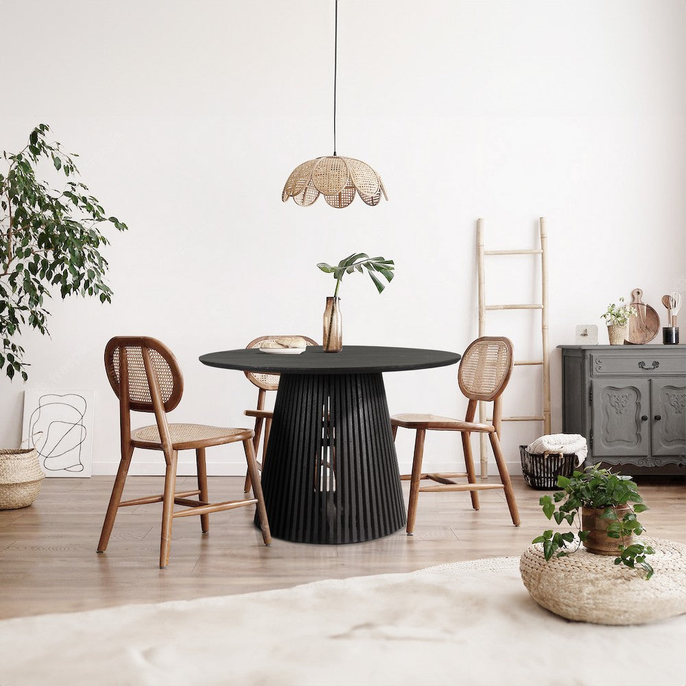 Ridge 47 Inch Handcrafted Mango Wood Round Dining Table, Slatted Flared Base, Black By The Urban Port