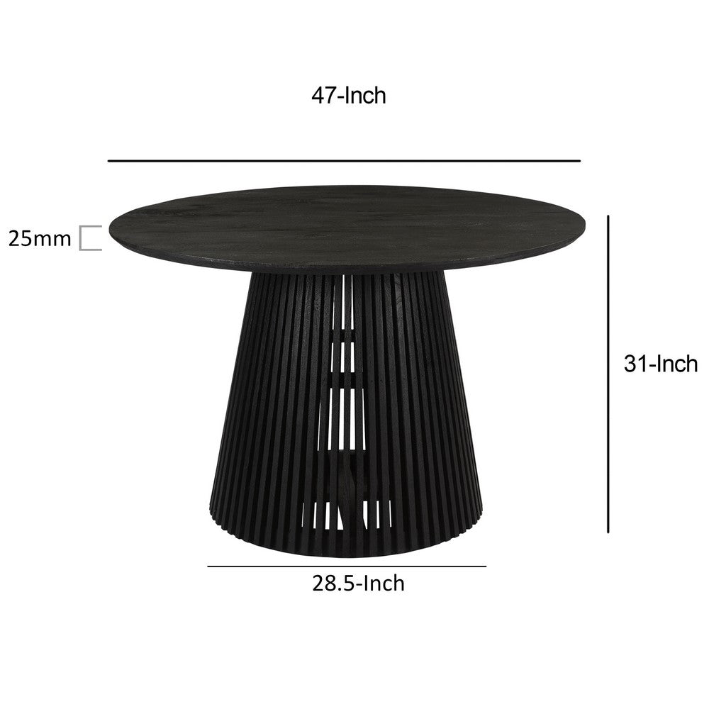 Ridge 47 Inch Handcrafted Mango Wood Round Dining Table, Slatted Flared Base, Black By The Urban Port