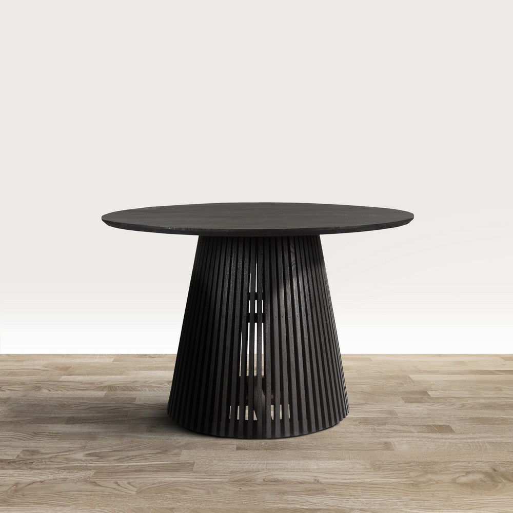 Ridge 47 Inch Handcrafted Mango Wood Round Dining Table, Slatted Flared Base, Black By The Urban Port
