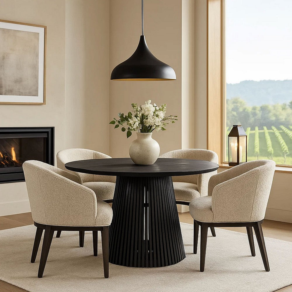 Ridge 47 Inch Handcrafted Mango Wood Round Dining Table, Slatted Flared Base, Black By The Urban Port