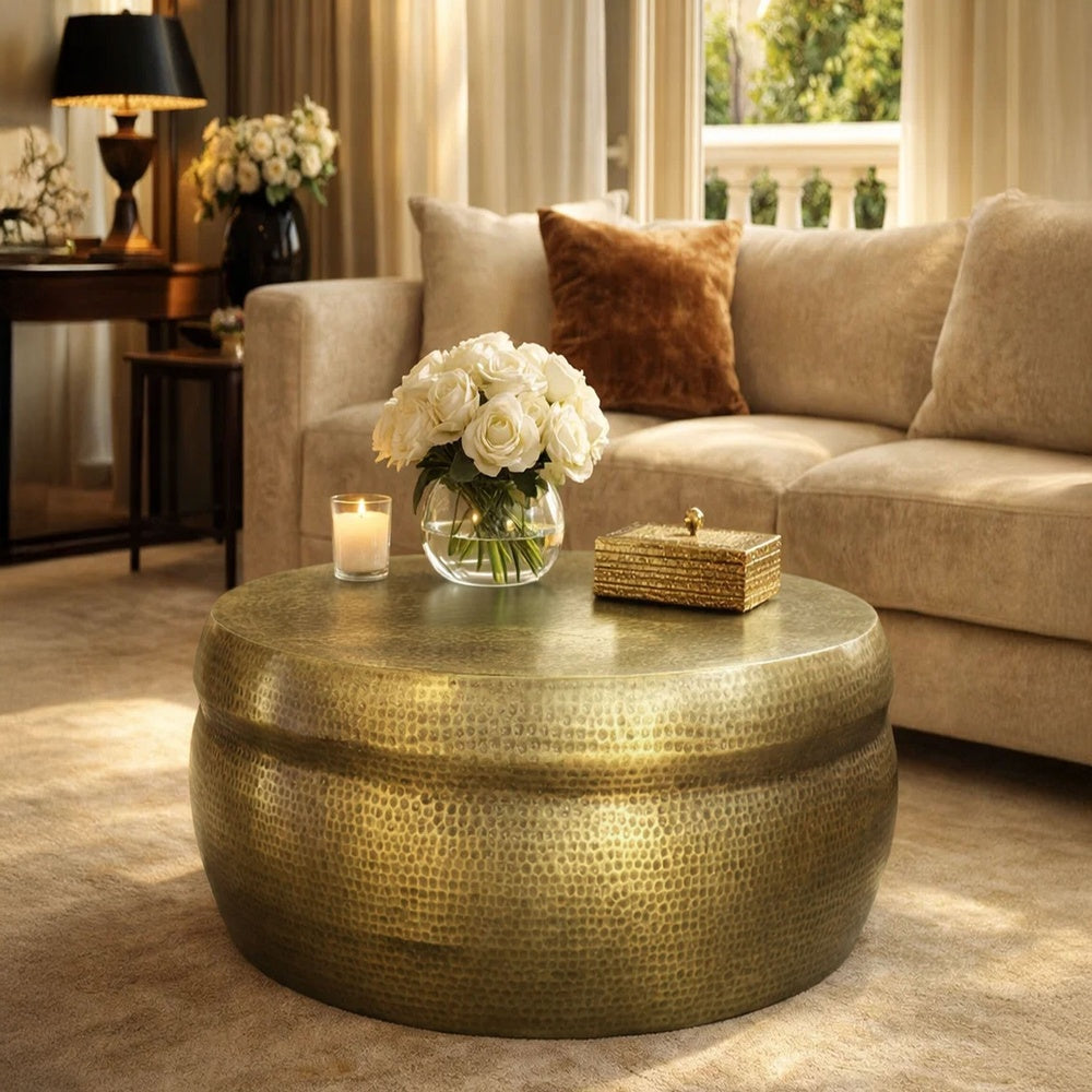 32 Inch Artisanal Round Drum Coffee Table, Hammered Embossed Texturing, Aluminum, Antique Brass By The Urban Port