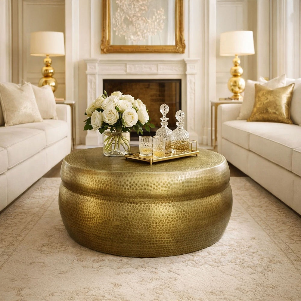 32 Inch Artisanal Round Drum Coffee Table, Hammered Embossed Texturing, Aluminum, Antique Brass By The Urban Port
