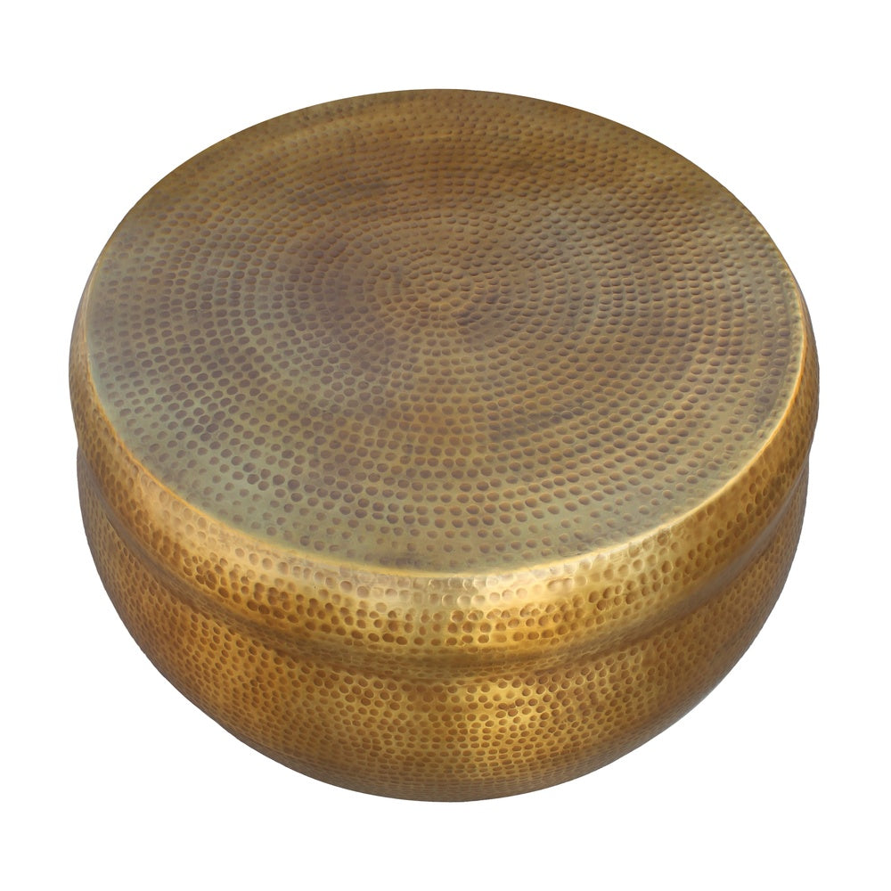 32 Inch Artisanal Round Drum Coffee Table, Hammered Embossed Texturing, Aluminum, Antique Brass By The Urban Port