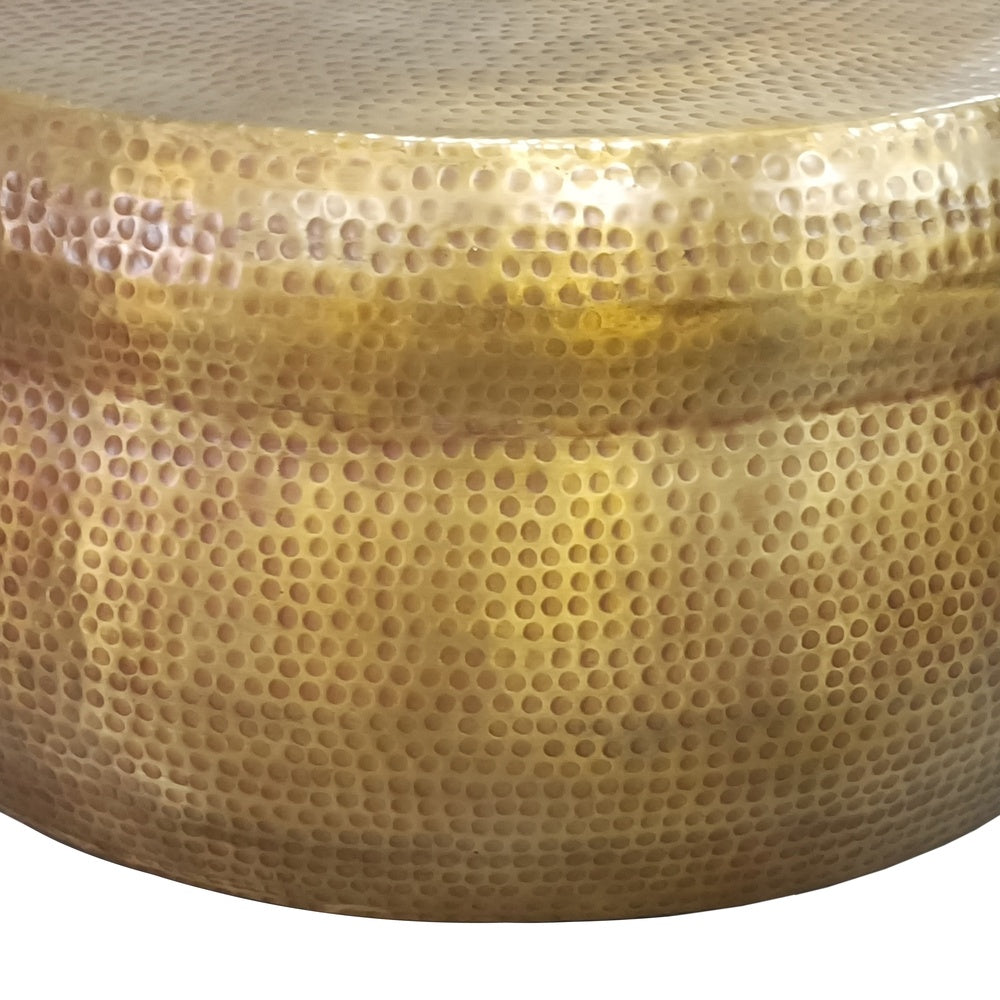 32 Inch Artisanal Round Drum Coffee Table, Hammered Embossed Texturing, Aluminum, Antique Brass By The Urban Port