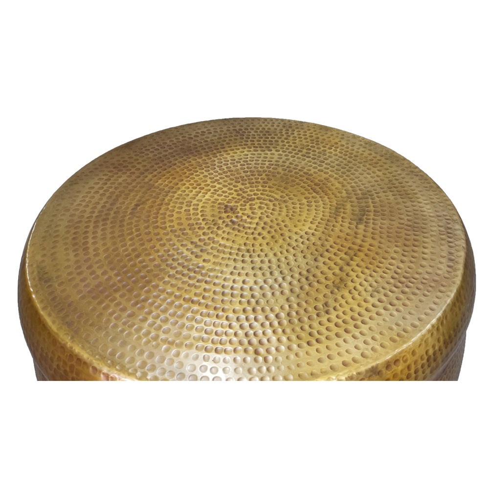 32 Inch Artisanal Round Drum Coffee Table, Hammered Embossed Texturing, Aluminum, Antique Brass By The Urban Port