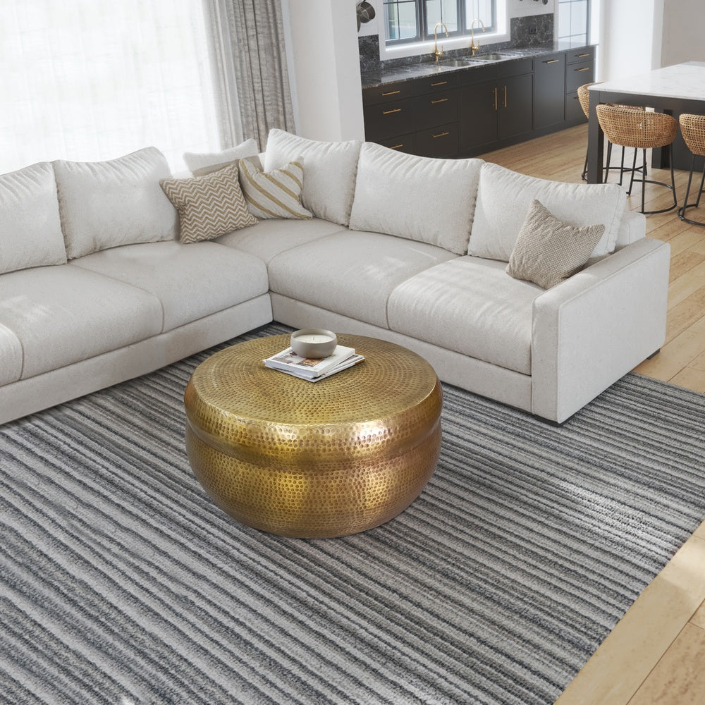 32 Inch Artisanal Round Drum Coffee Table, Hammered Embossed Texturing, Aluminum, Antique Brass By The Urban Port
