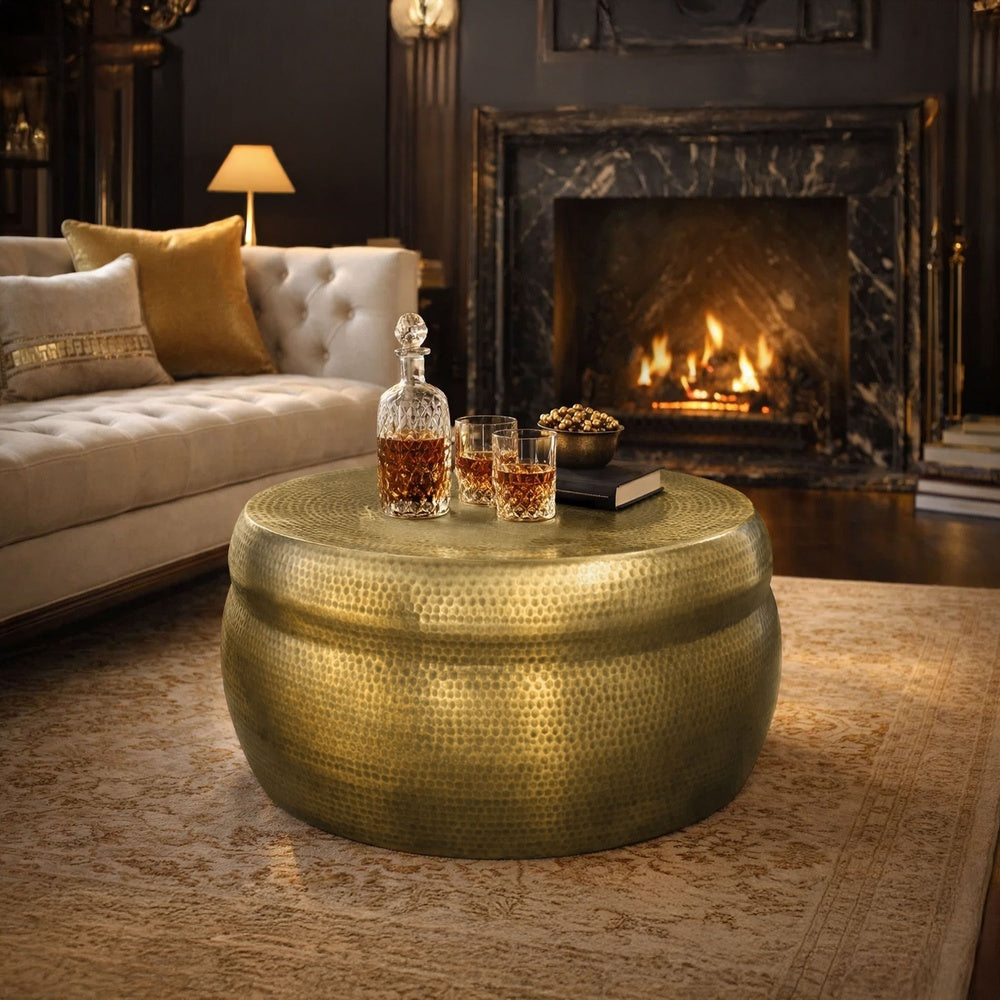 32 Inch Artisanal Round Drum Coffee Table, Hammered Embossed Texturing, Aluminum, Antique Brass By The Urban Port