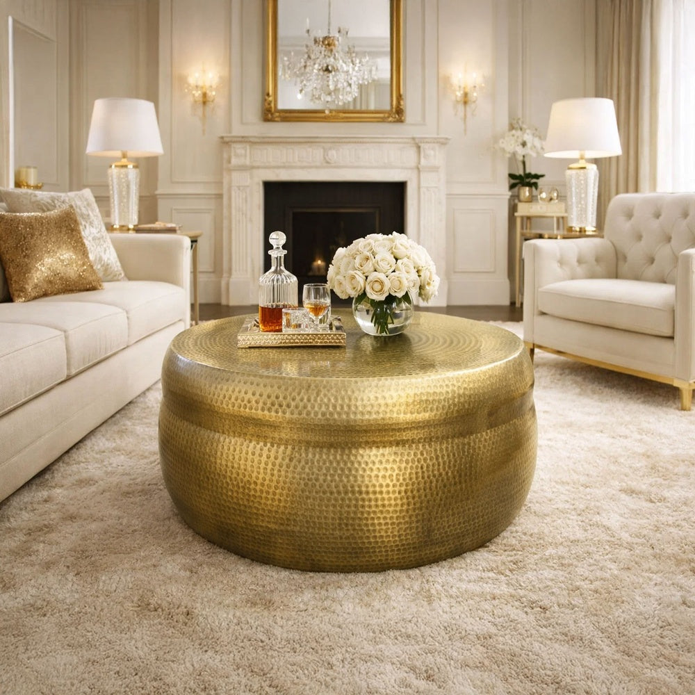 32 Inch Artisanal Round Drum Coffee Table, Hammered Embossed Texturing, Aluminum, Antique Brass By The Urban Port