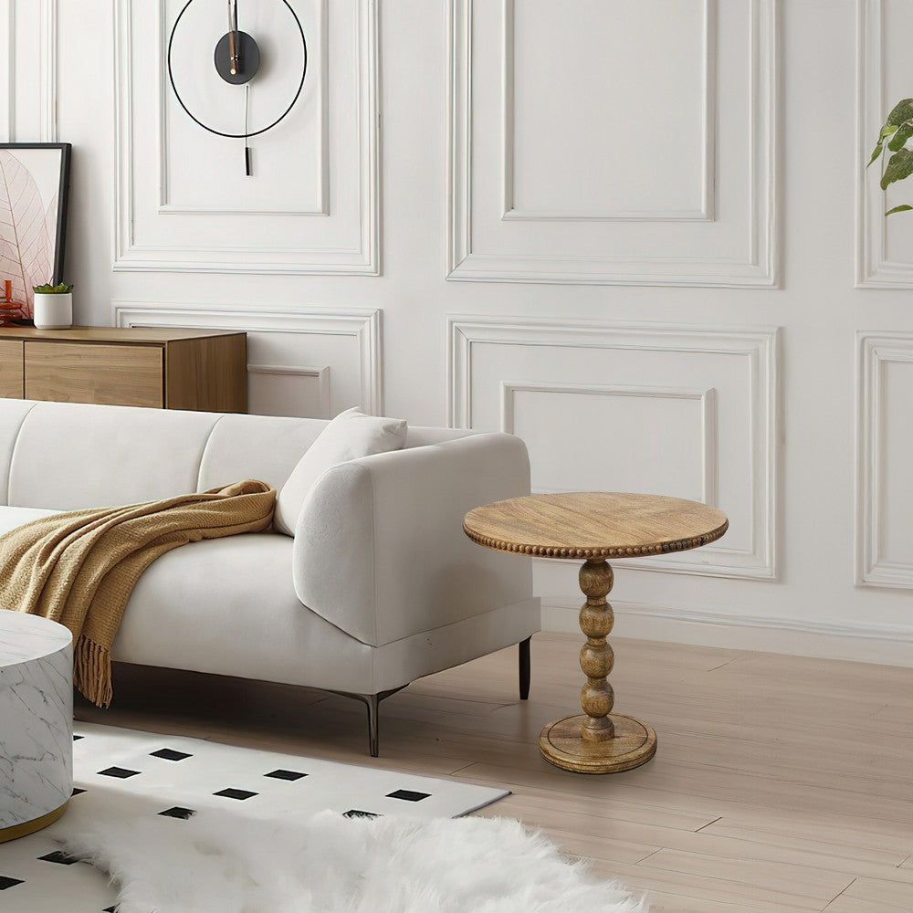 21 Inch Side End Table, Round Top, Stacked Ball Post, Natural Brown Mango Wood - The Urban Port