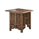 21 Inch Boho Side End Table, Floral Carved Details, Foldable Panel Legs, Natural Walnut Brown - The Urban Port