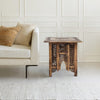 21 Inch Boho Side End Table, Floral Carved Details, Foldable Panel Legs, Natural Walnut Brown - The Urban Port
