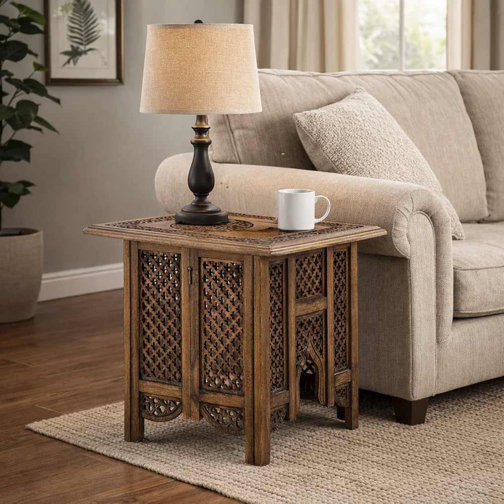 21 Inch Boho Side End Table, Floral Carved Details, Foldable Panel Legs, Natural Walnut Brown - The Urban Port