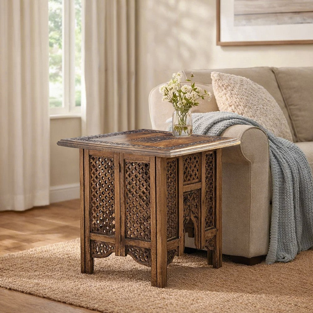 21 Inch Boho Side End Table, Floral Carved Details, Foldable Panel Legs, Natural Walnut Brown - The Urban Port