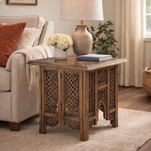 21 Inch Boho Side End Table, Floral Carved Details, Foldable Panel Legs, Natural Walnut Brown - The Urban Port