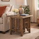 21 Inch Boho Side End Table, Floral Carved Details, Foldable Panel Legs, Natural Walnut Brown - The Urban Port