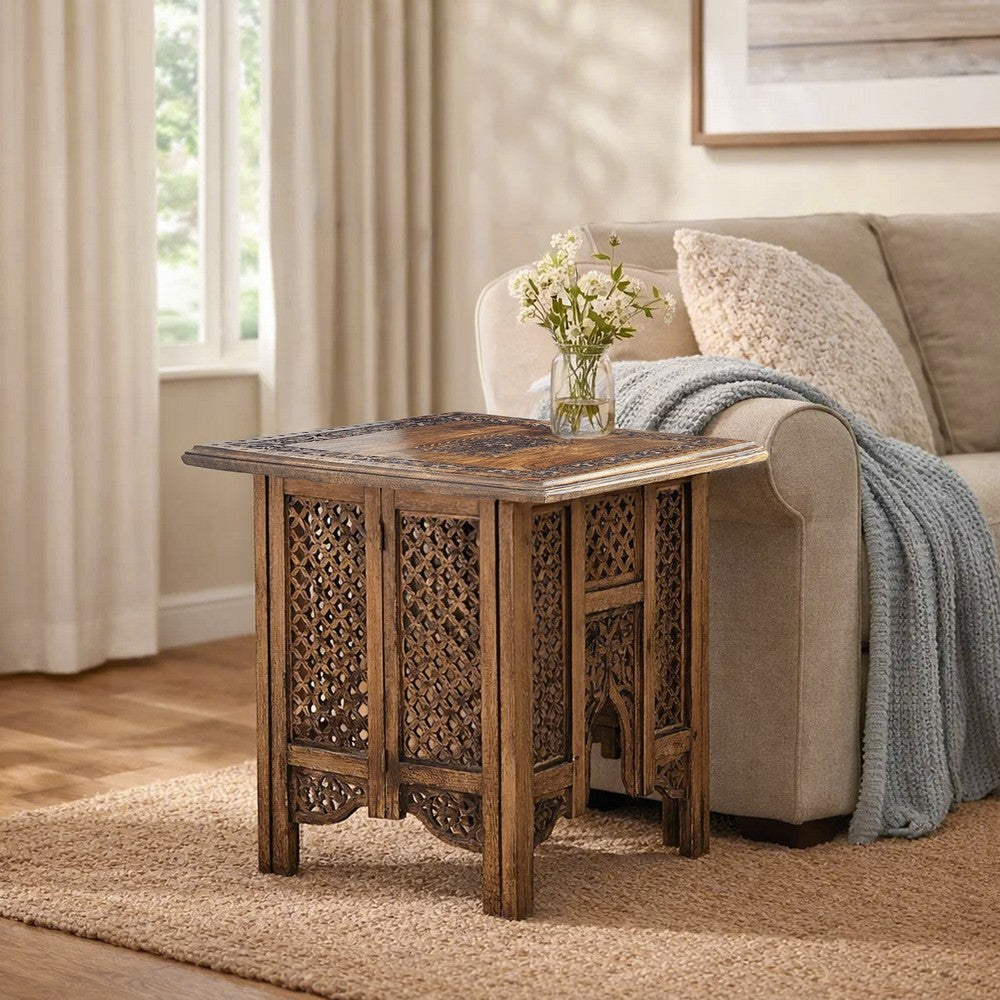 21 Inch Boho Side End Table, Floral Carved Details, Foldable Panel Legs, Natural Walnut Brown - The Urban Port