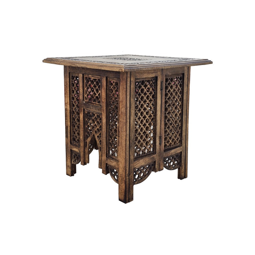 21 Inch Boho Side End Table, Floral Carved Details, Foldable Panel Legs, Natural Walnut Brown - The Urban Port