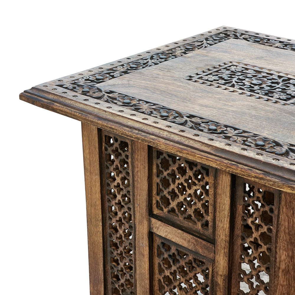 21 Inch Boho Side End Table, Floral Carved Details, Foldable Panel Legs, Natural Walnut Brown - The Urban Port