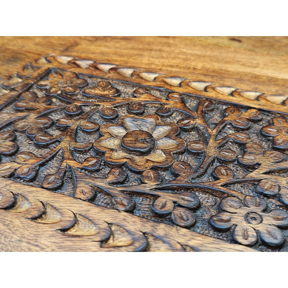 21 Inch Boho Side End Table, Floral Carved Details, Foldable Panel Legs, Natural Walnut Brown - The Urban Port