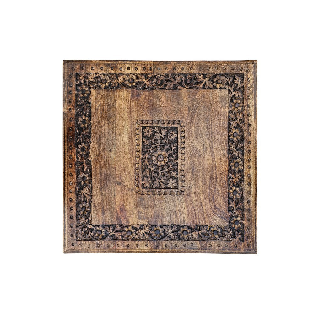 21 Inch Boho Side End Table, Floral Carved Details, Foldable Panel Legs, Natural Walnut Brown - The Urban Port