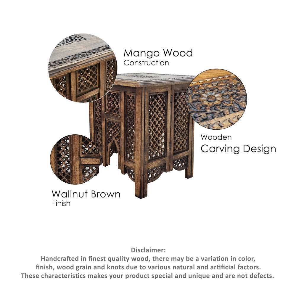 21 Inch Boho Side End Table, Floral Carved Details, Foldable Panel Legs, Natural Walnut Brown - The Urban Port