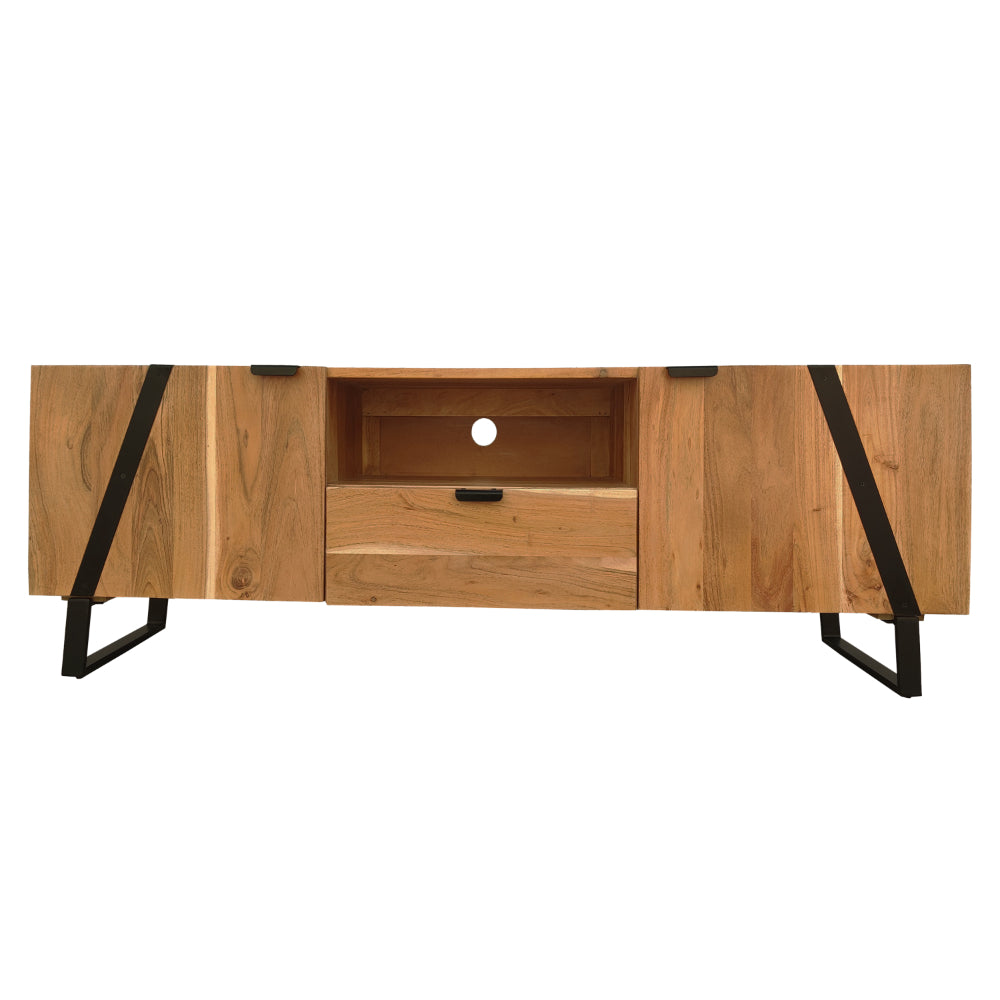 Aza 59 Inch TV Entertainment Console, 1 Drawer and 2 Cabinet Doors, Black Iron Legs, Handcrafted Natural Brown Acacia Wood - The Urban Port