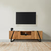 Aza 59 Inch TV Entertainment Console, 1 Drawer and 2 Cabinet Doors, Black Iron Legs, Handcrafted Natural Brown Acacia Wood - The Urban Port