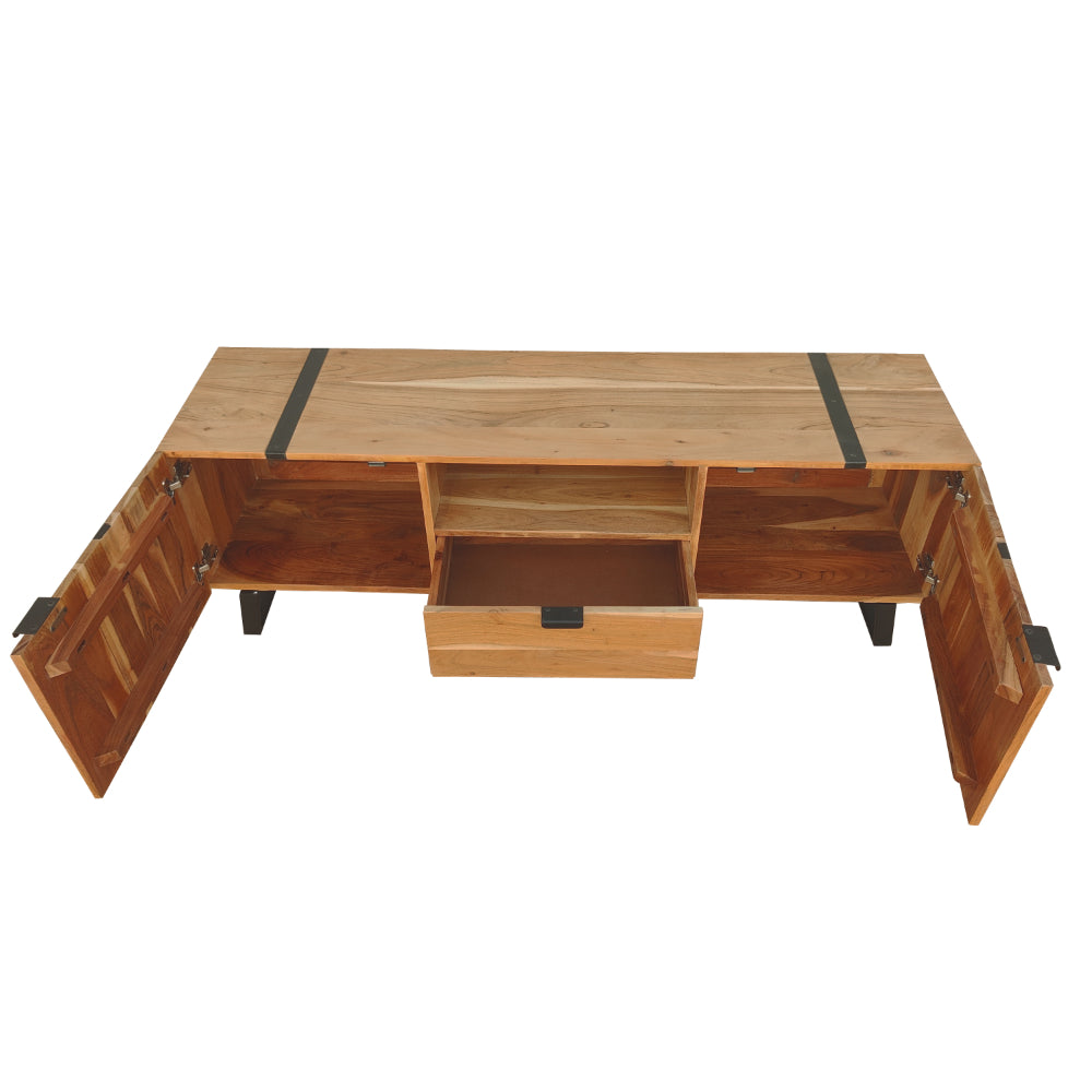 Aza 59 Inch Handcrafted TV Console with Drawer Natural Brown Acacia Wood Cabinet - The Urban Port