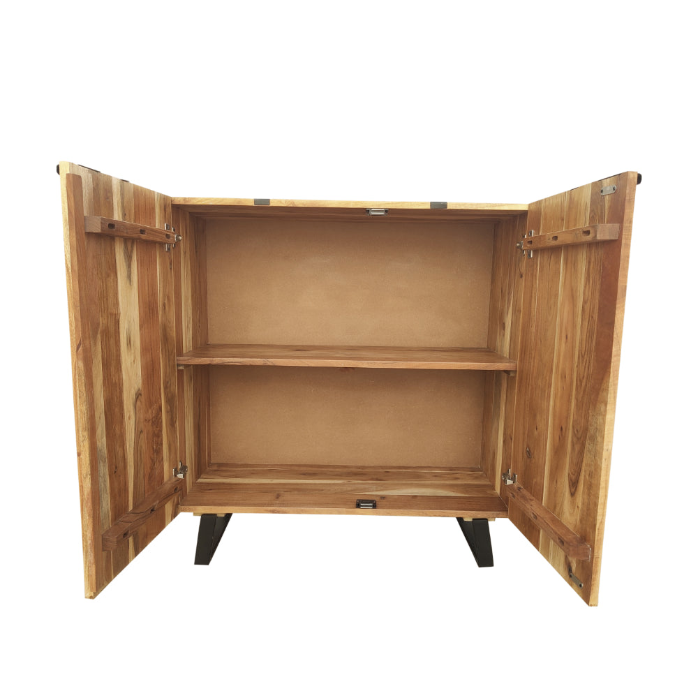 Aza Handcrafted 35 Inch Cabinet, Natural Brown Acacia Wood with Angled Black Iron Legs - The Urban Port