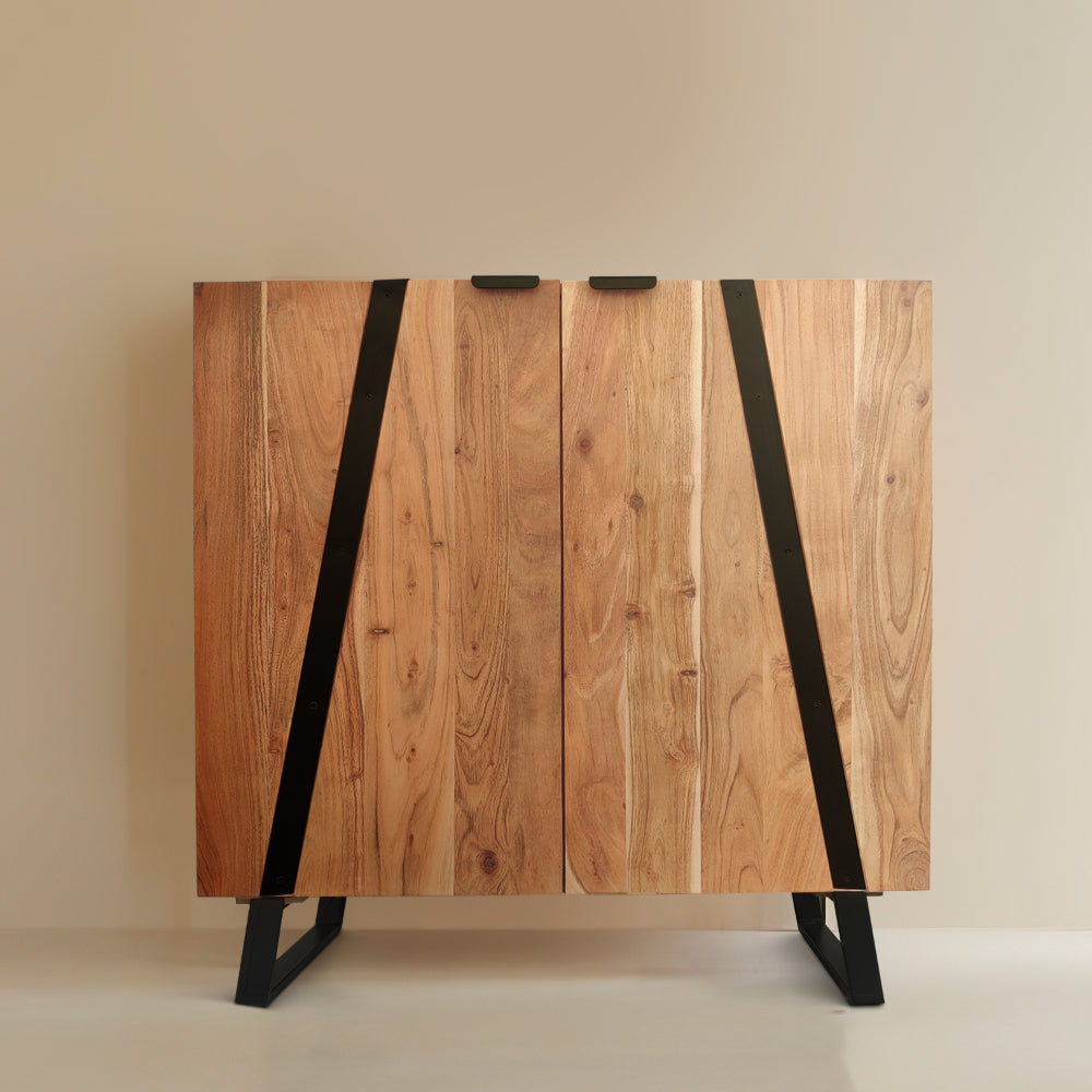 Aza Handcrafted 35 Inch Cabinet, Natural Brown Acacia Wood with Angled Black Iron Legs - The Urban Port