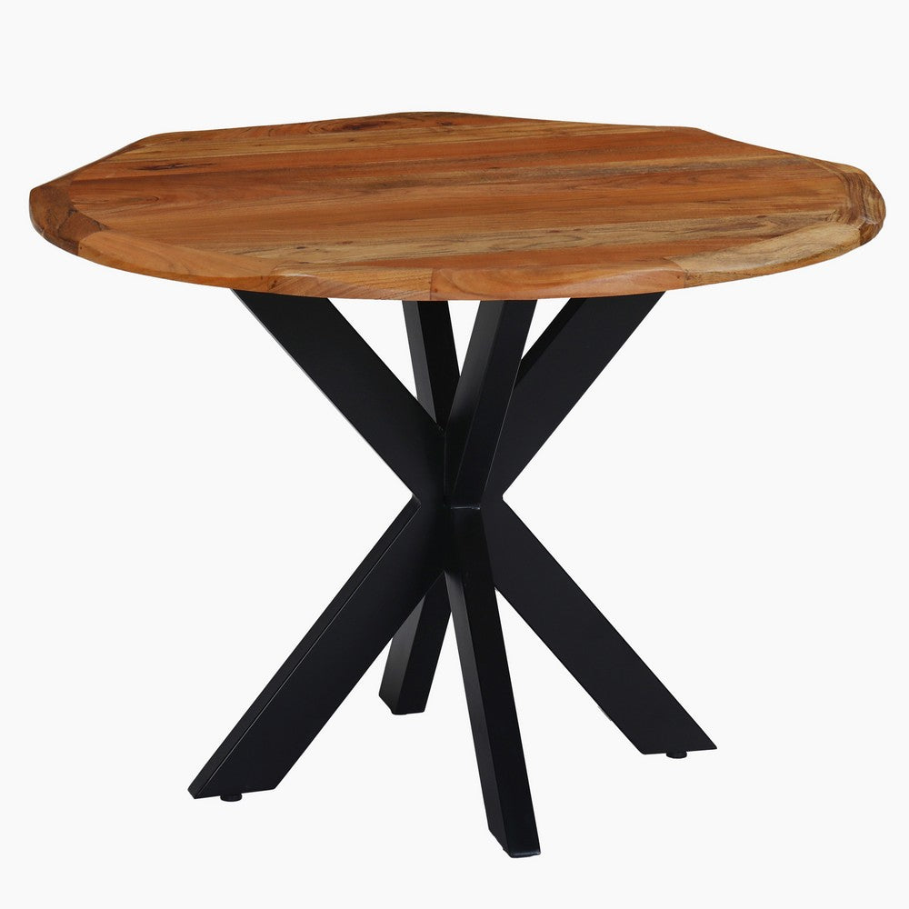 Kuri 41 Inch Handcrafted Live Edge Round Dining Table with a Natural Brown Acacia Wood Top and Black Iron Legs By The Urban Port