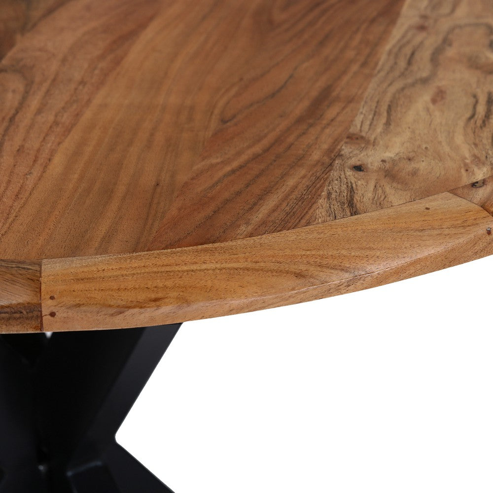 Kuri 41 Inch Handcrafted Live Edge Round Dining Table with a Natural Brown Acacia Wood Top and Black Iron Legs By The Urban Port