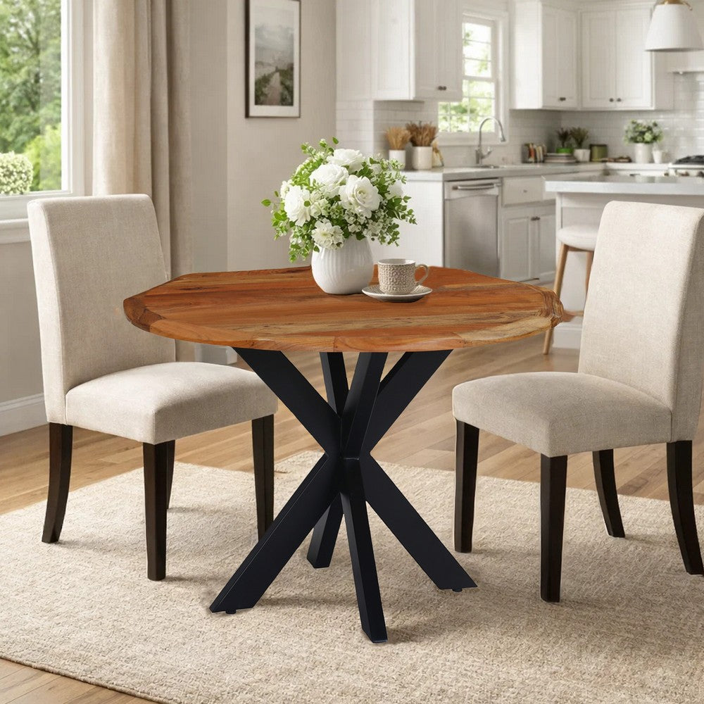 Kuri 41 Inch Handcrafted Live Edge Round Dining Table with a Natural Brown Acacia Wood Top and Black Iron Legs By The Urban Port