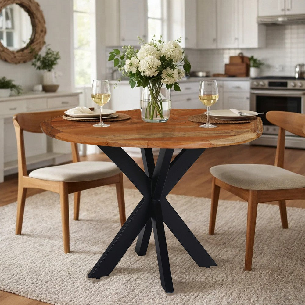 Kuri 41 Inch Handcrafted Live Edge Round Dining Table with a Natural Brown Acacia Wood Top and Black Iron Legs By The Urban Port