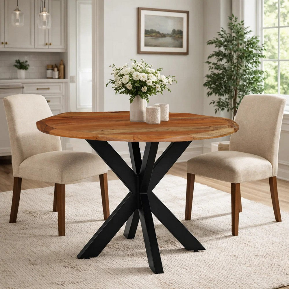 Kuri 41 Inch Handcrafted Live Edge Round Dining Table with a Natural Brown Acacia Wood Top and Black Iron Legs By The Urban Port