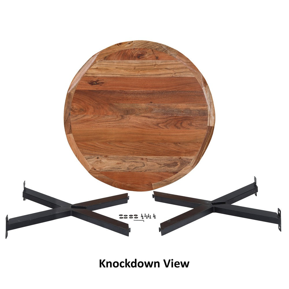 Kuri 41 Inch Handcrafted Live Edge Round Dining Table with a Natural Brown Acacia Wood Top and Black Iron Legs By The Urban Port